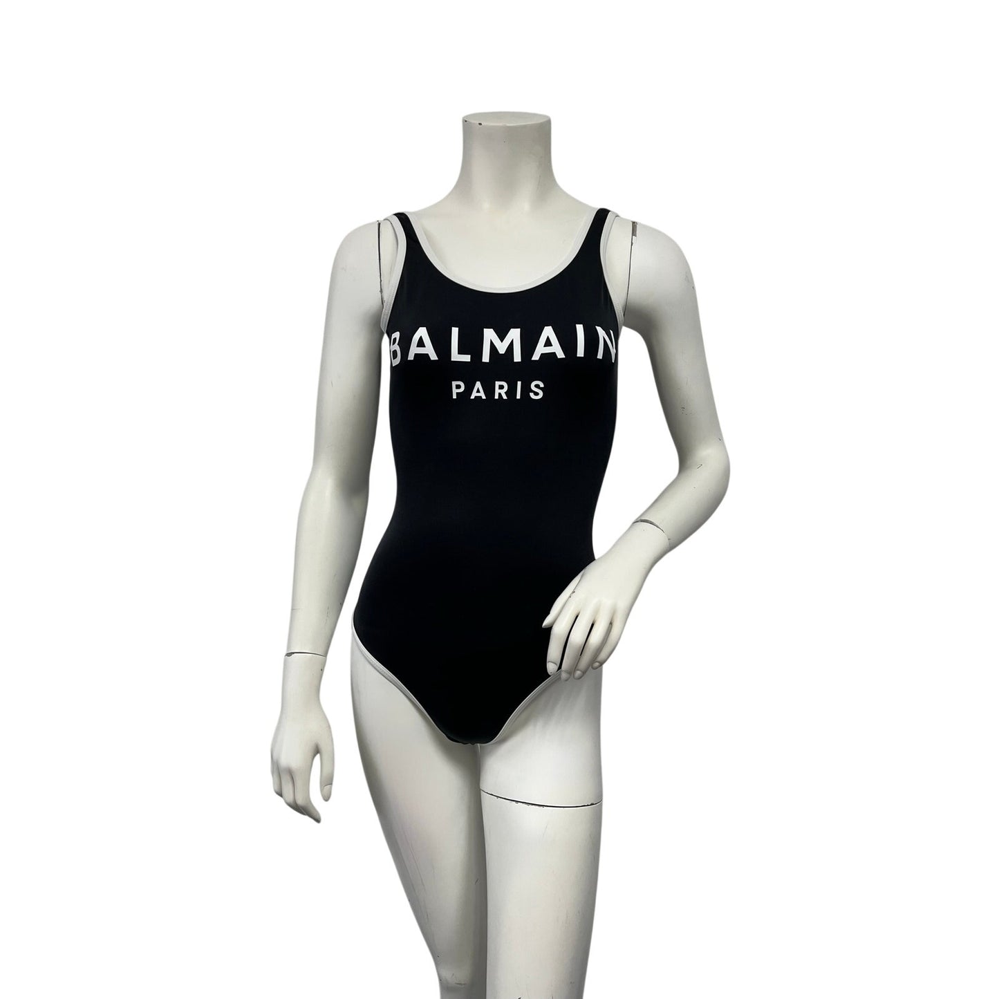 Balmain Paris Black Logo One Piece Swimsuit White Trim Sz 38