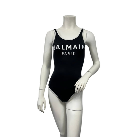 Balmain Paris Black Logo One Piece Swimsuit White Trim Sz 38