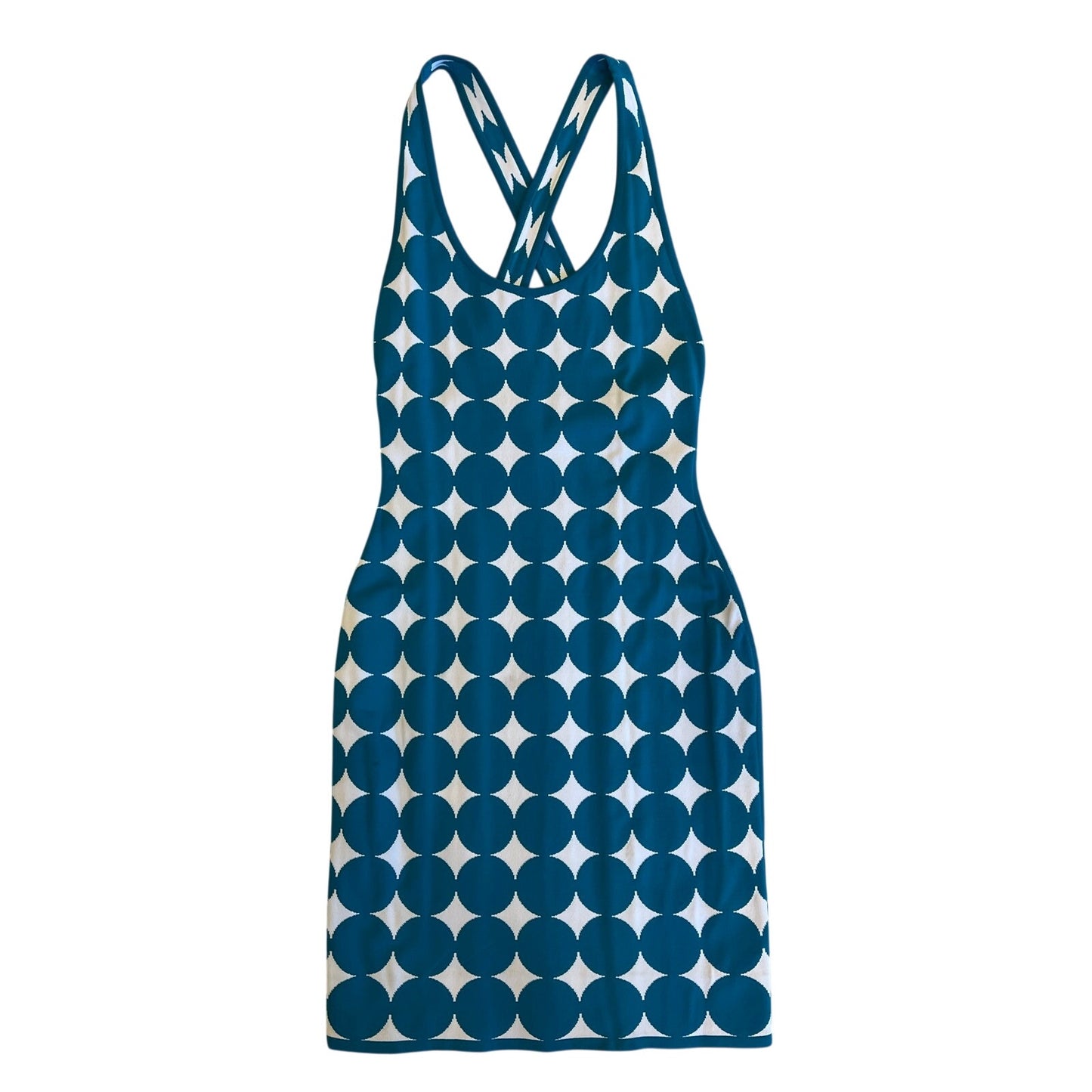 Herve Leger Paris Bandage Dress XS Teal White Geometric Criss Cross Open Back
