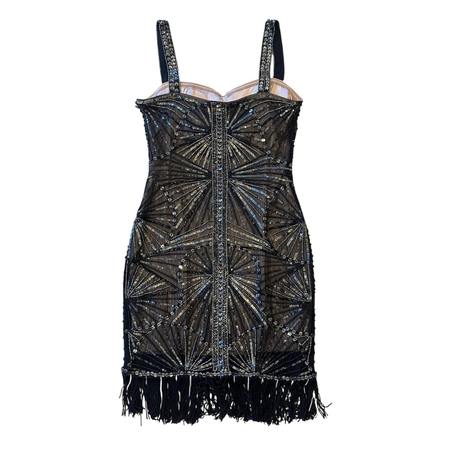 Bebe Black Beaded Sequin Fringe Cocktail Bodycon Mini Dress Size M Art Deco