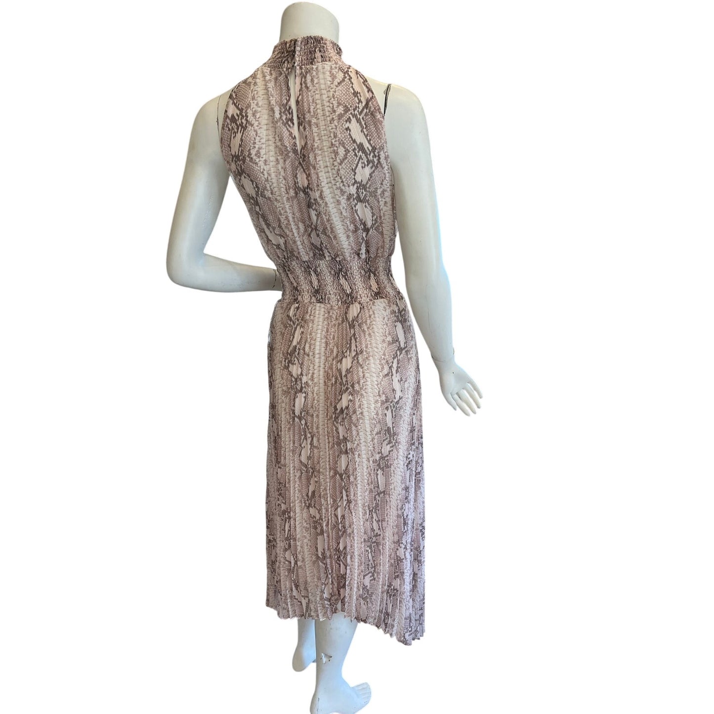 1.STATE Snakeskin Print Pleated Midi Dress XS Smocked Waist High Neck