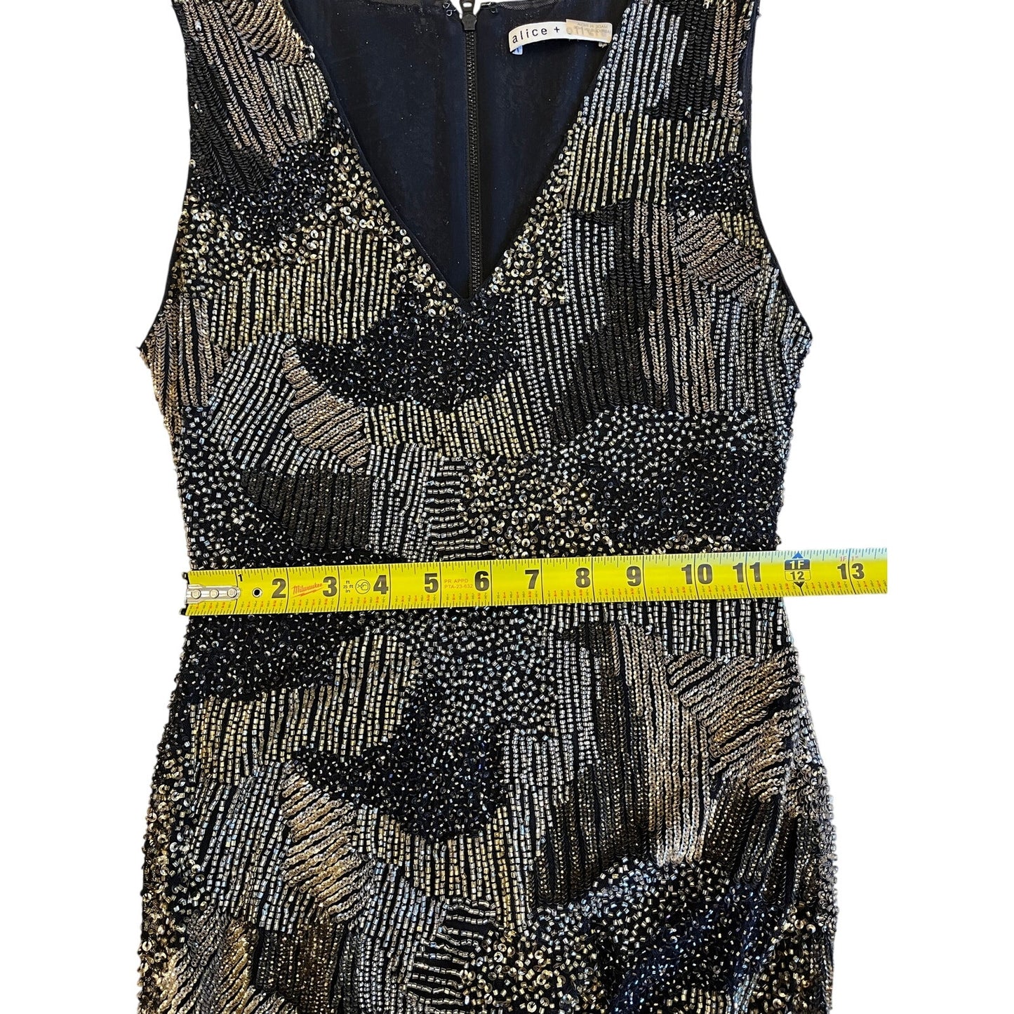 Alice + Olivia Black Silver Beaded Sequin Cocktail Dress Sheath Sleeveless Sz 0
