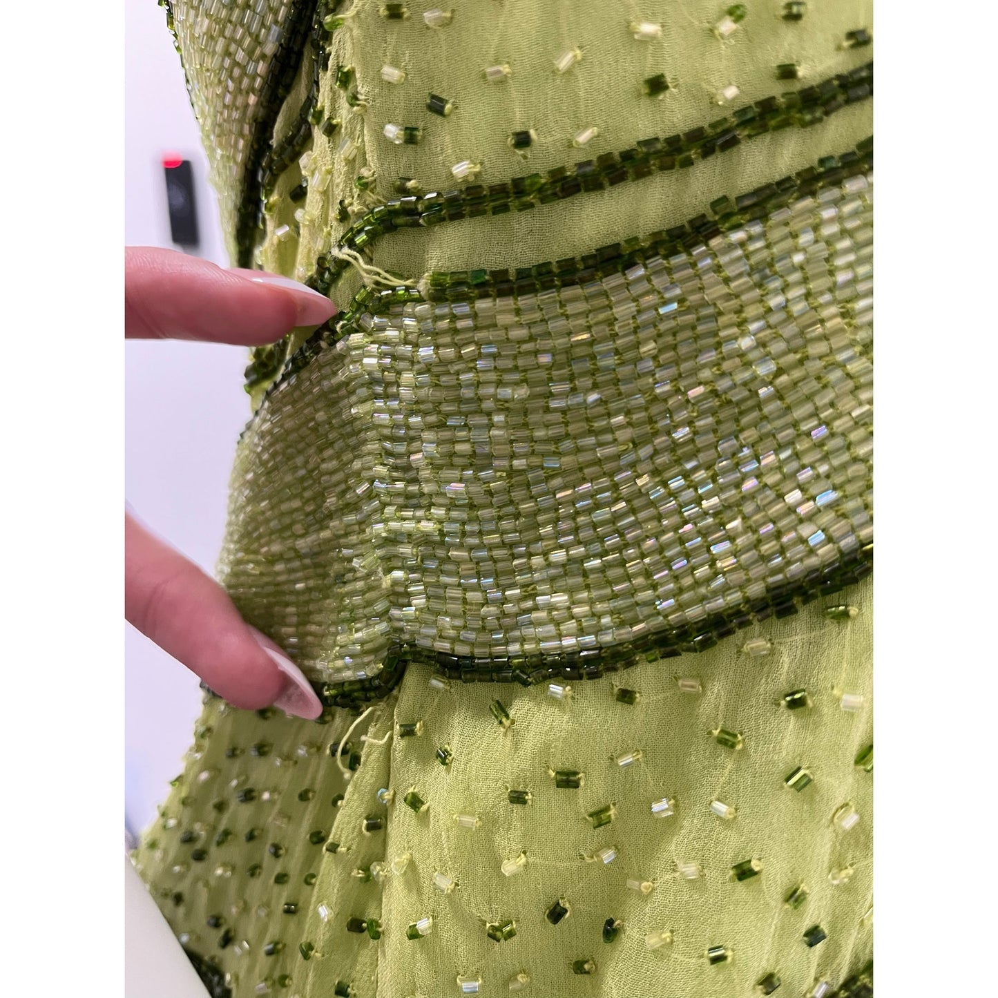 Vintage Caché Silk Beaded Halter Evening Gown Lime Green Y2K Formal Dress Large