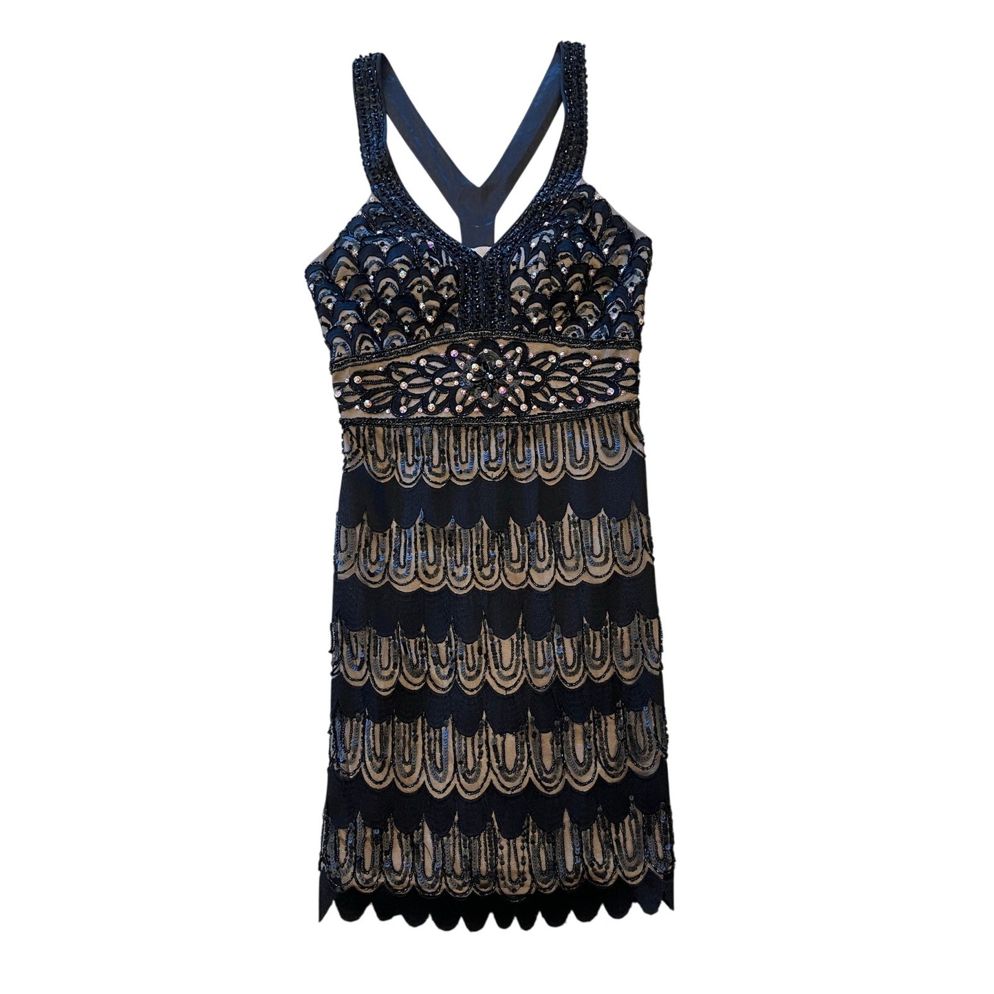 Sue Wong Nocturne Beaded Sequin Cocktail Dress Black Nude Art Deco Size 2