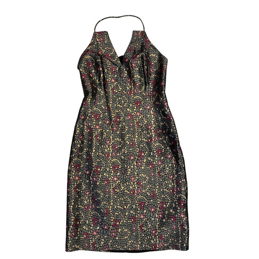 David Meister Metallic Brocade Halter Cocktail Dress Open Back sz 8