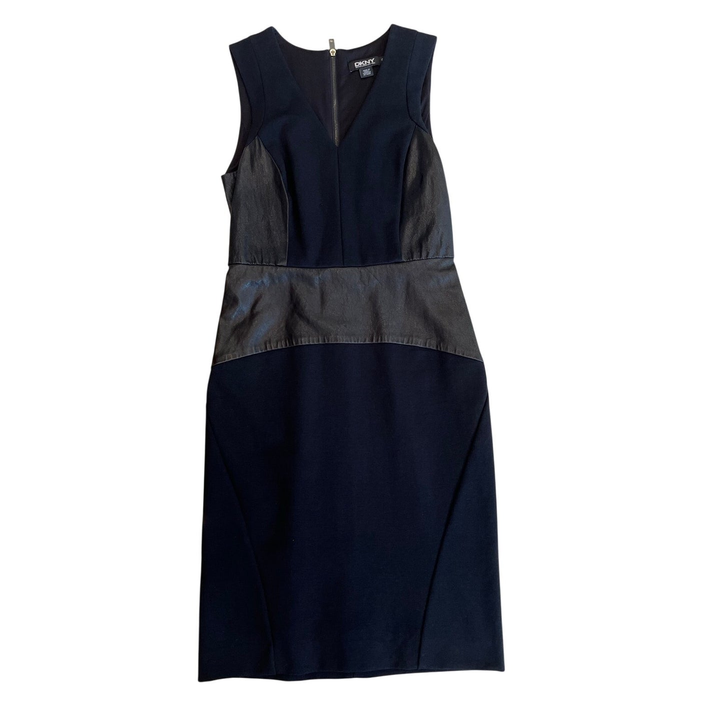 DKNY Donna Karan Black Faux Leather Panel Sheath Dress Size 8