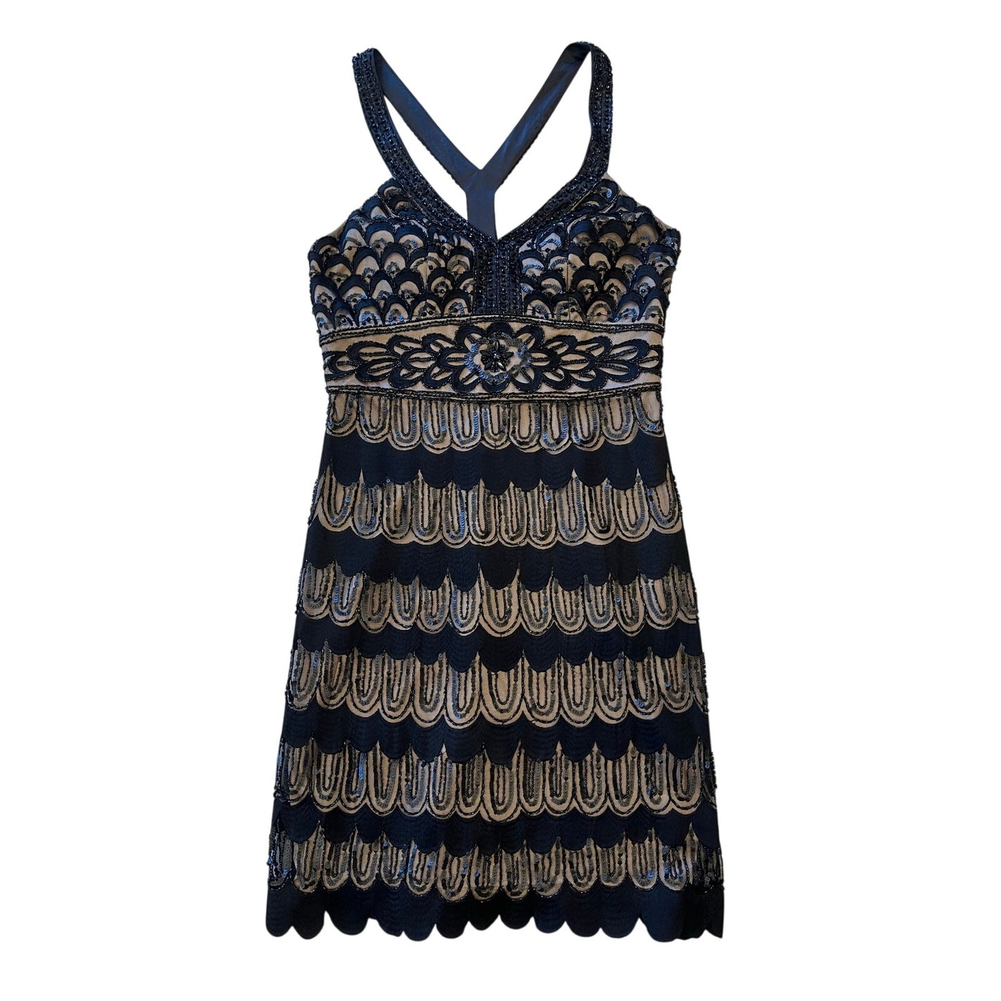 NWT Sue Wong Nocturne Beaded Sequin Art Deco Cocktail Dress Black Nude 12
