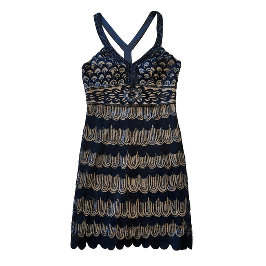 NWT Sue Wong Nocturne Beaded Sequin Art Deco Cocktail Dress Black Nude 12